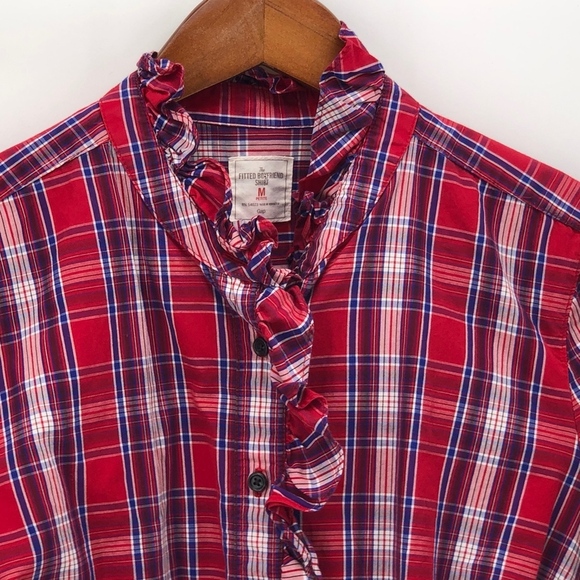 Gap Fitted Boyfriend Red Plaid Shirt Ruffle MP - Picture 7 of 7